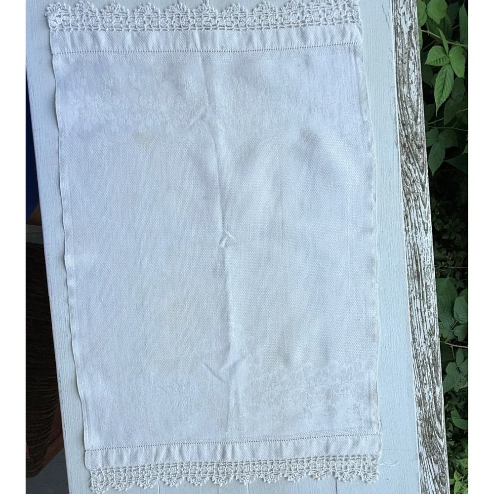 Vintage White Linen Hand Towels Set of 3 Embroidered Lace Fringe Cotton Damask
